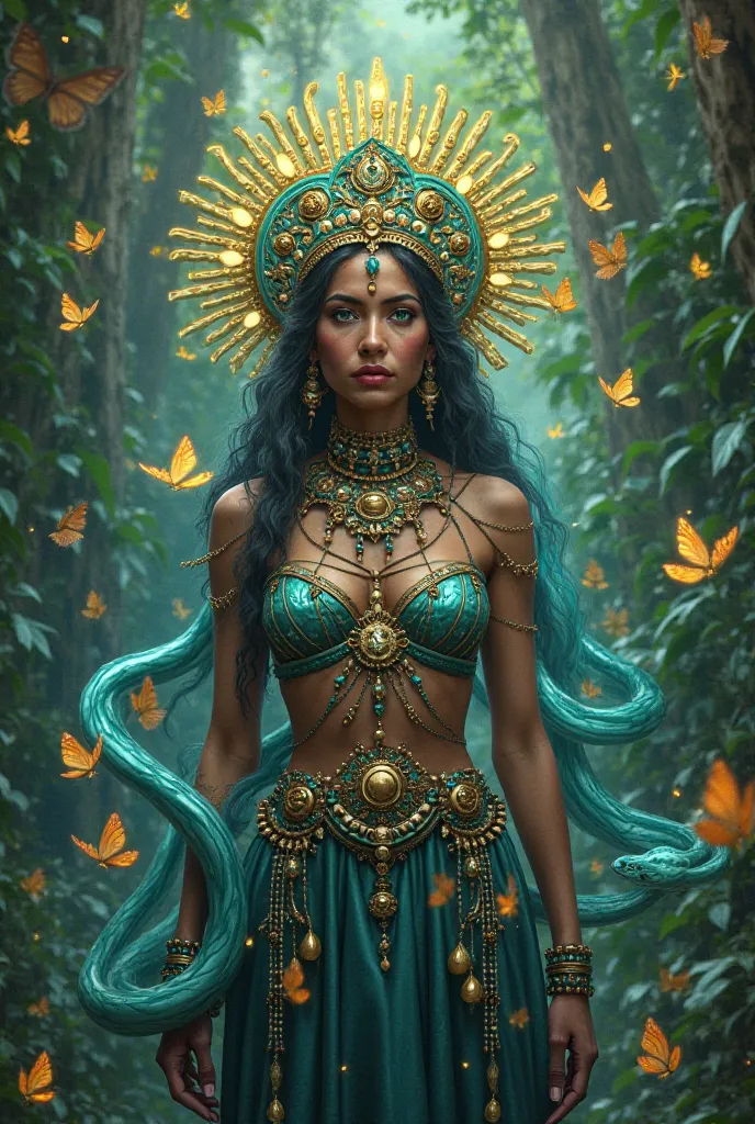 India Yara María Lionza queen of Sorte and the spiritual cult beautiful mixed-race woman with green eyes colors Venezuela with Danta, Blue Snake and Butterflies