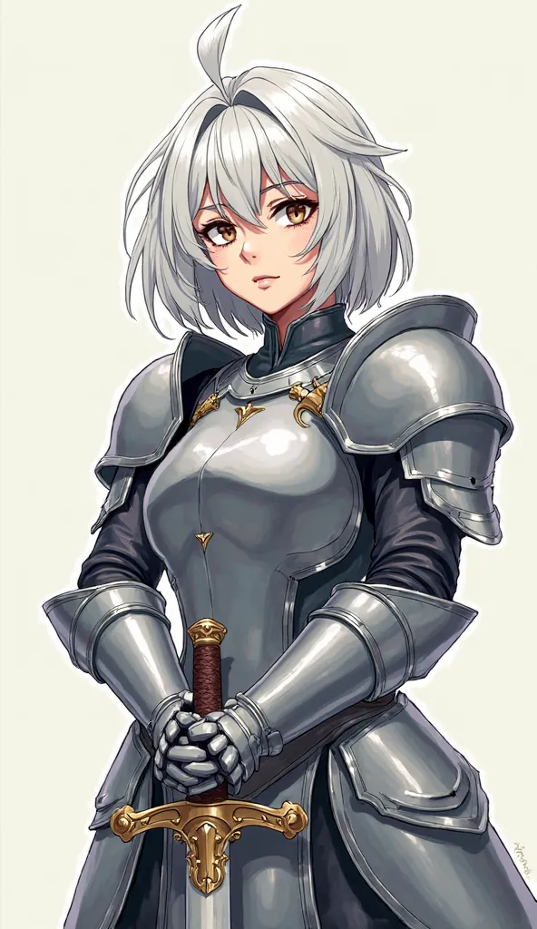 An adult girl of 27 years old, armor, white hair, sword in hands, is full-length, clear contours, drawn, no cropped edges, bib without cups,  anime drawing