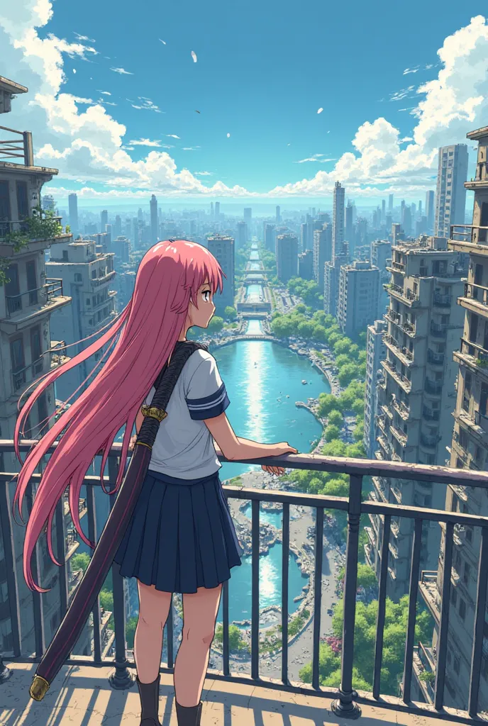 Make an anime-style cartoon with a thin ( warrior with long pink hair in the wind)  dressed(With school uniform-style clothing)she is (carrying a sword with a very wide blade )on his back and standing on the balcony of an apartment looking at the horizon w...