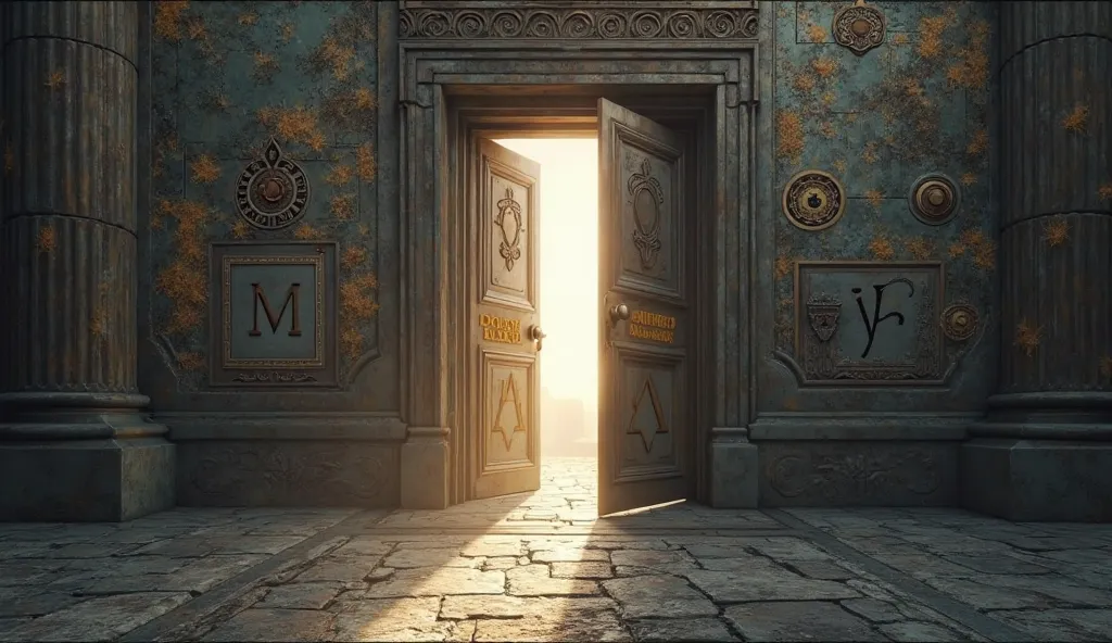 "An ajar door, with a bright light leaking through them.  in front of the door, there is a sign with the letter 'M' engraved, and around, symbols from different cultures and times floating in the air, suggesting that there are many mysteries yet to be expl...