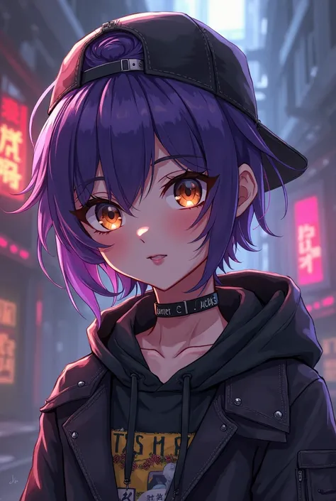 A dark-haired vtuber ager with a platinum purple tuft, a black Jodie crib with brown eyes and a backwards cap 