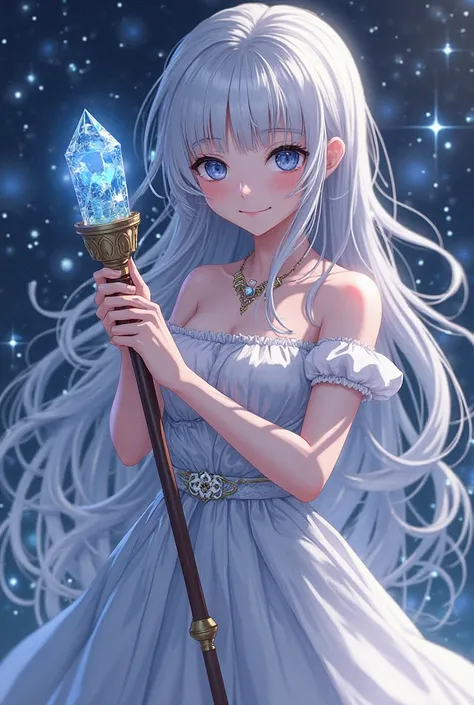 a young woman with silver hair and eyes shining like stars. She wore a dress made of fabrics that seemed to be woven with the light of the moon, and in her hands she held a cane adorned with crystals that shone softly. anime style