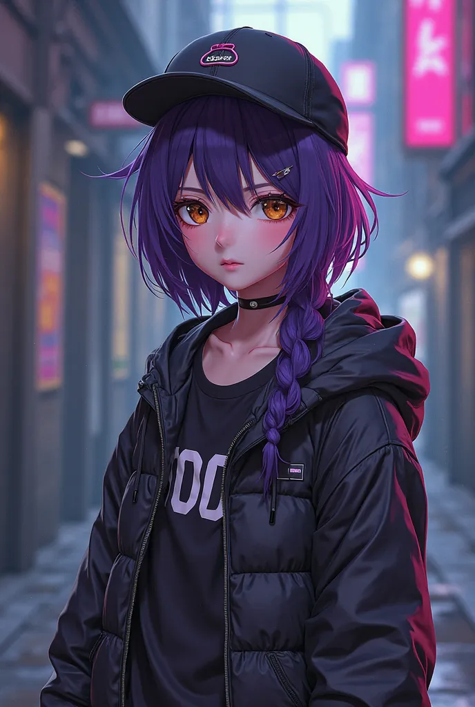 A dark-haired vtuber ager with a platinum purple tuft, a black Jodie crib with brown eyes and a backwards cap 