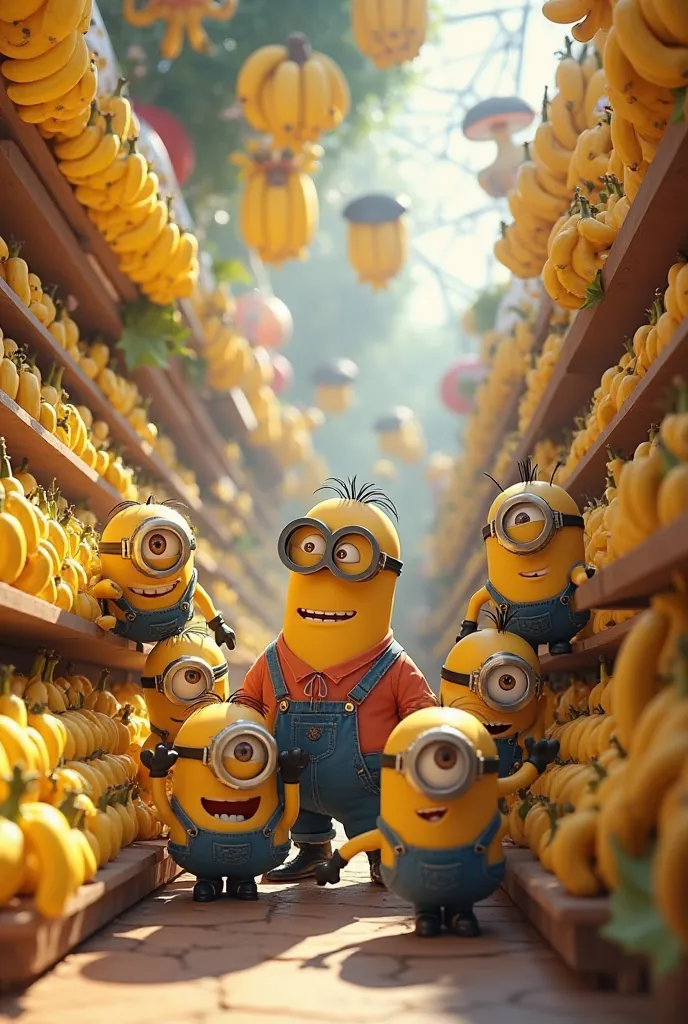 minions na loja de banana com o gru