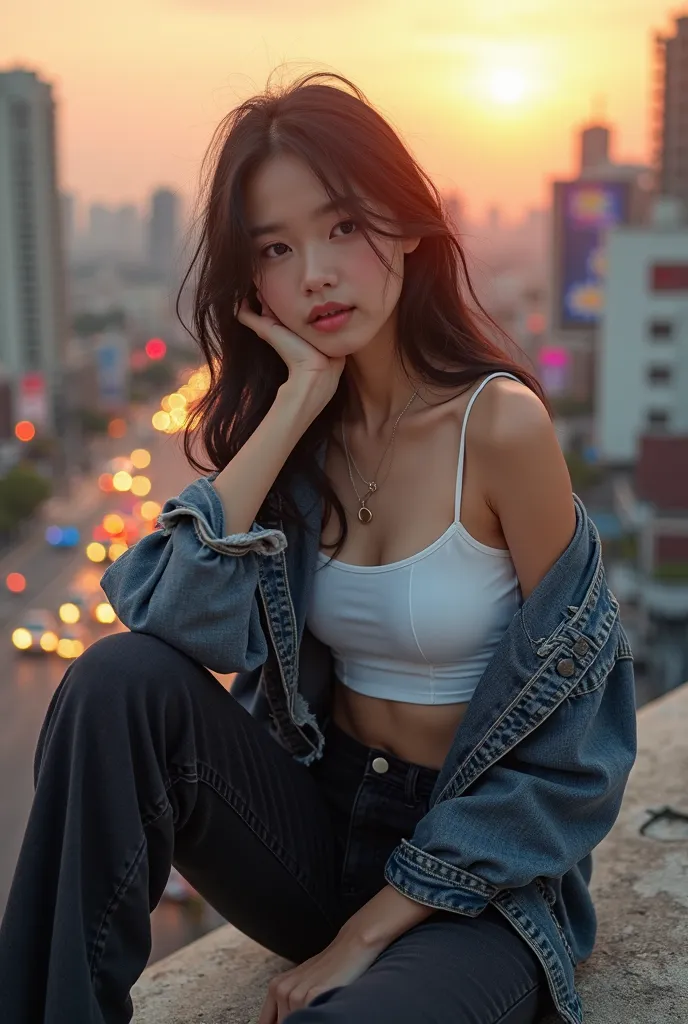 Ultra-realistic, hyper-detailed urban rooftop photoshoot of a stunning 19-year-old Asian woman sitting on the edge of a rooftop ledge, overlooking the city skyline at sunset. She wears a cropped white tank top, oversized denim jacket, and black high-waiste...