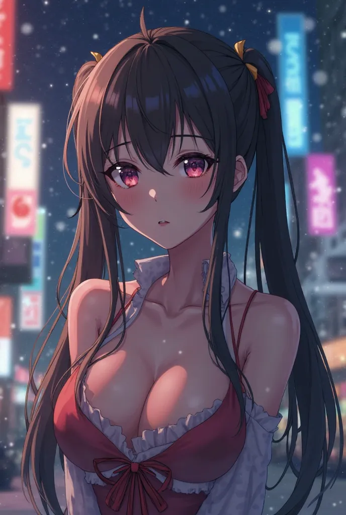 masterpiece, best quality, HuTaoV4, 1girl, solo, blush, twintails, long hair, hair between eyes, ((No clothes on top, boobs visible)), city, outdoors, night, movie poster, extremely detailed 8K, smooth, high resolution, ultra quality, cinematic lighting, a...