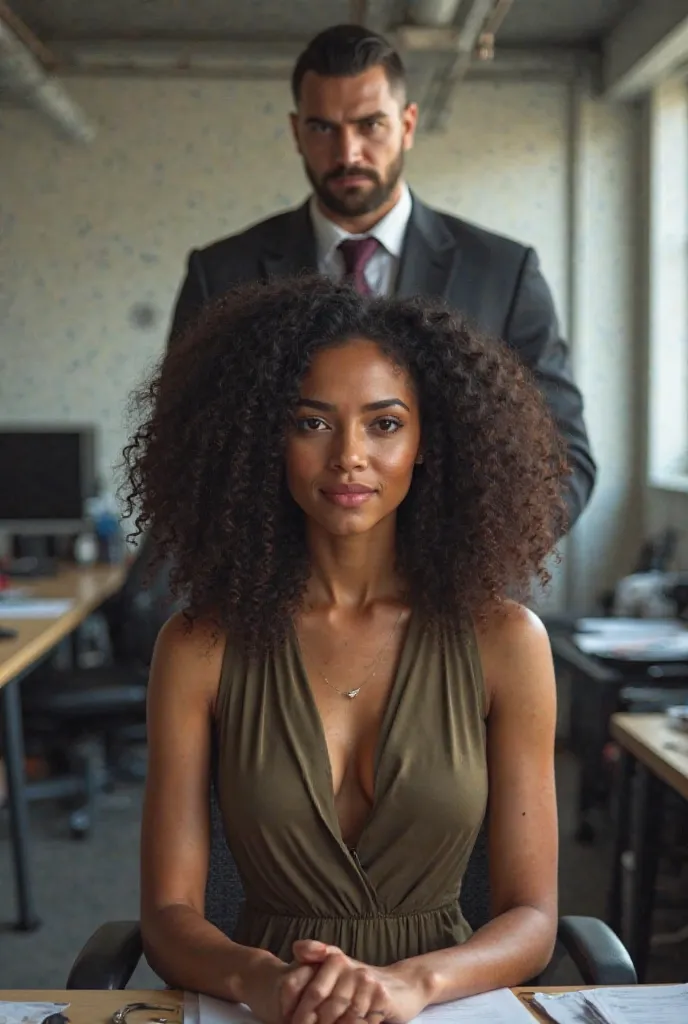 Here is your prompt in English:  

"A realistic scene of a Brazilian woman with curly hair and full lips sitting at a desk in an office. She has a focused expression. Behind her chair, a tall and strong man with a military-style haircut stands. He is weari...