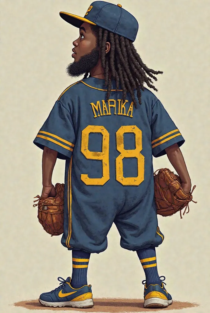 Tall left handed baseball pitcher with dreadlocks cap on with jersey number 98 written MAPIKA at the back.  Neivy blue and yellow stripes socks. Navy blue playing top written Battswood on front with yellow stripes on the cooler and arms 