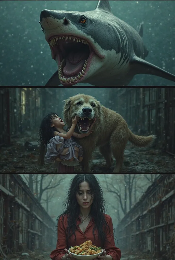 Female shark, the dog eating the girl, A woman with food in her hands is crying