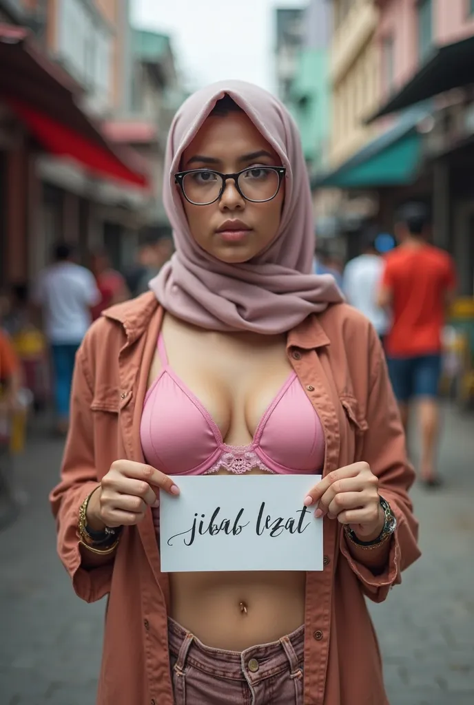 Hijab Malay girl with eyeglasses. Wearing unbuttoned clothes, pink bra. candid picture at Malaysia street. Full body shoot, holding a paper inscription Jilbab Lezat.