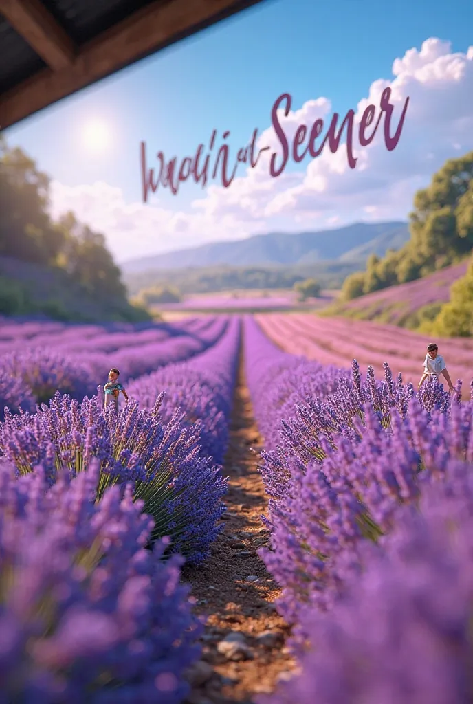 Create an agricultural ad on an advertising screen inside a lavender and kazania farm with the name Wadi Al-Seed on the pictures and using tiny figures to comment on the ad 