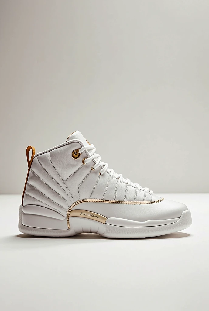 Picture of air jordan 12 in white and gold.