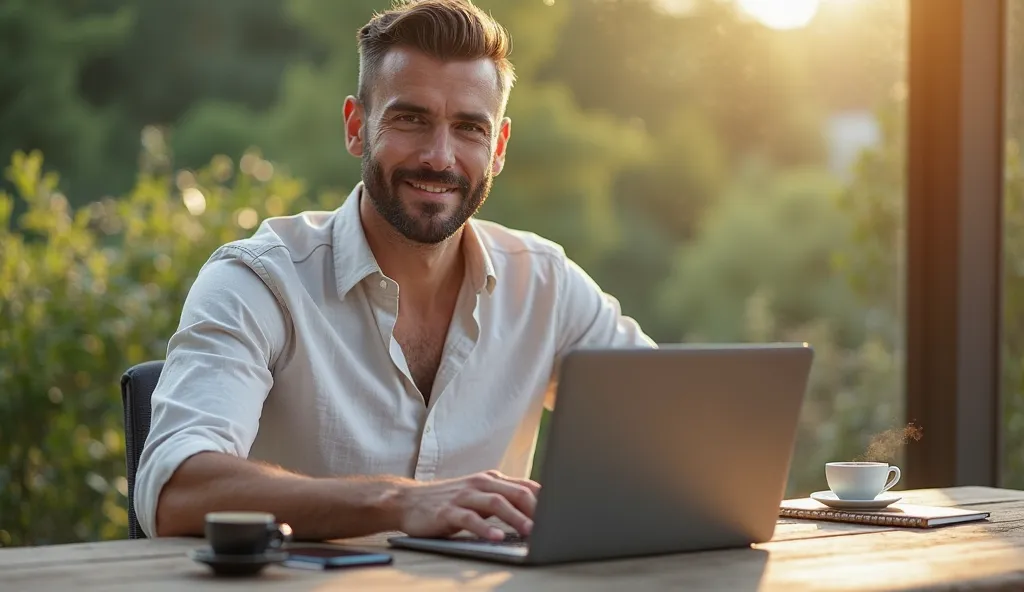 **"A hyper-realistic image of a confident man he have no beard sitting at a workspace in an inspiring outdoor location, symbolizing the freedom of remote work. The man, in his early 30s, has a well-groomed beard, short stylish hair, and a fit physique. He ...