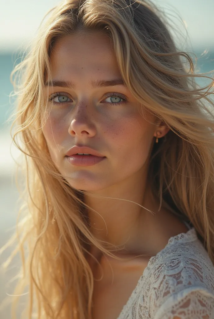 Image of a girl from the front with long wavy and blond hair