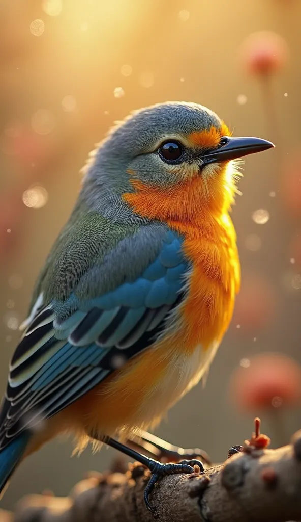 A mesmerizing close-up portrait of a gorgeous little bird illuminated by the soft, golden light of a tranquil morning, with vibrant bokeh balls gently framing its delicate form.