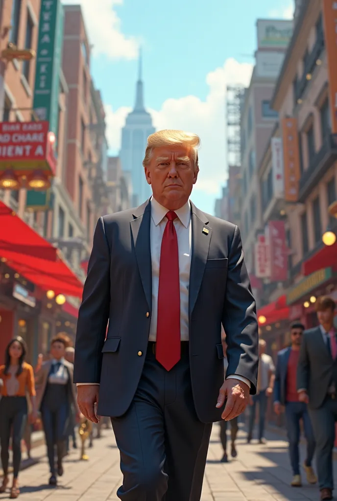 Donald trump walking street . people here. 3D animation