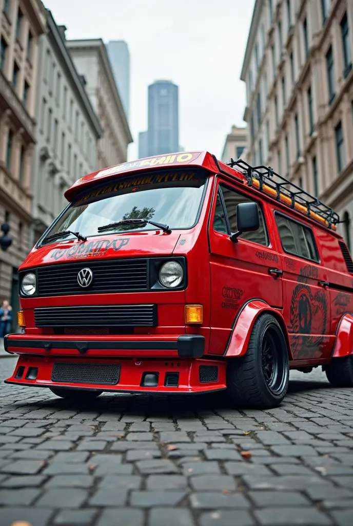 VW T5 red, comic, lowered, wide tires 