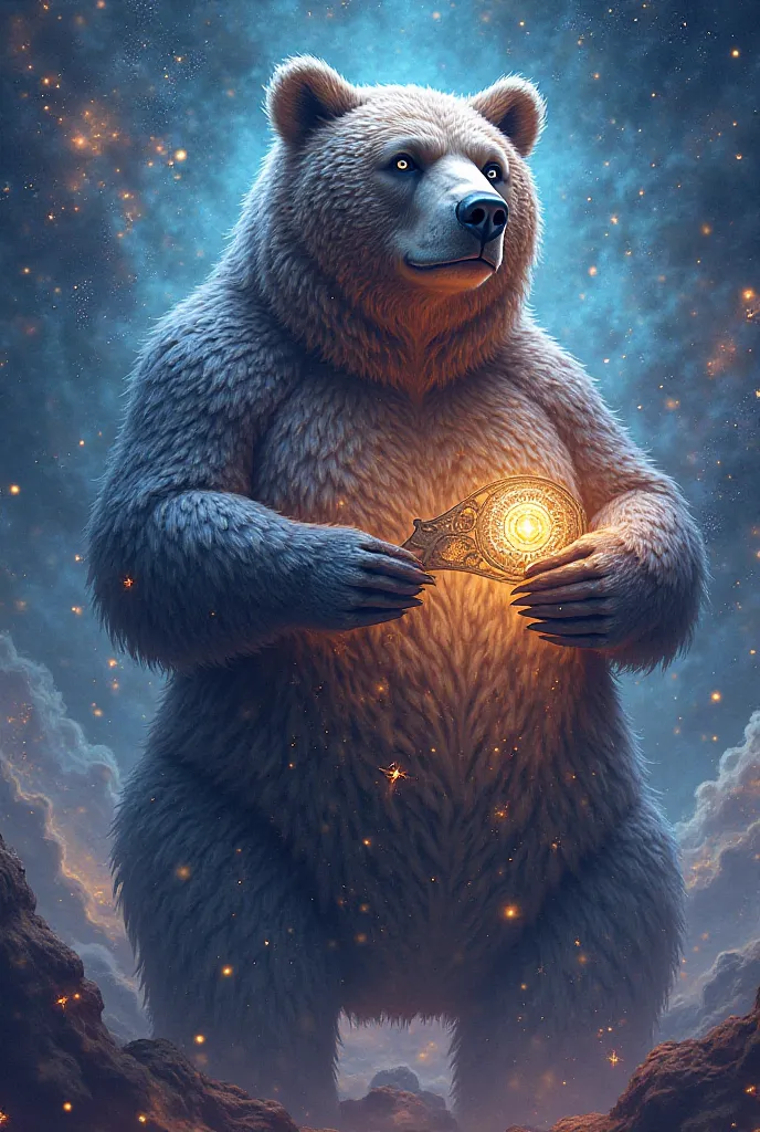 A cosmic divine bear holding a comb in his hands