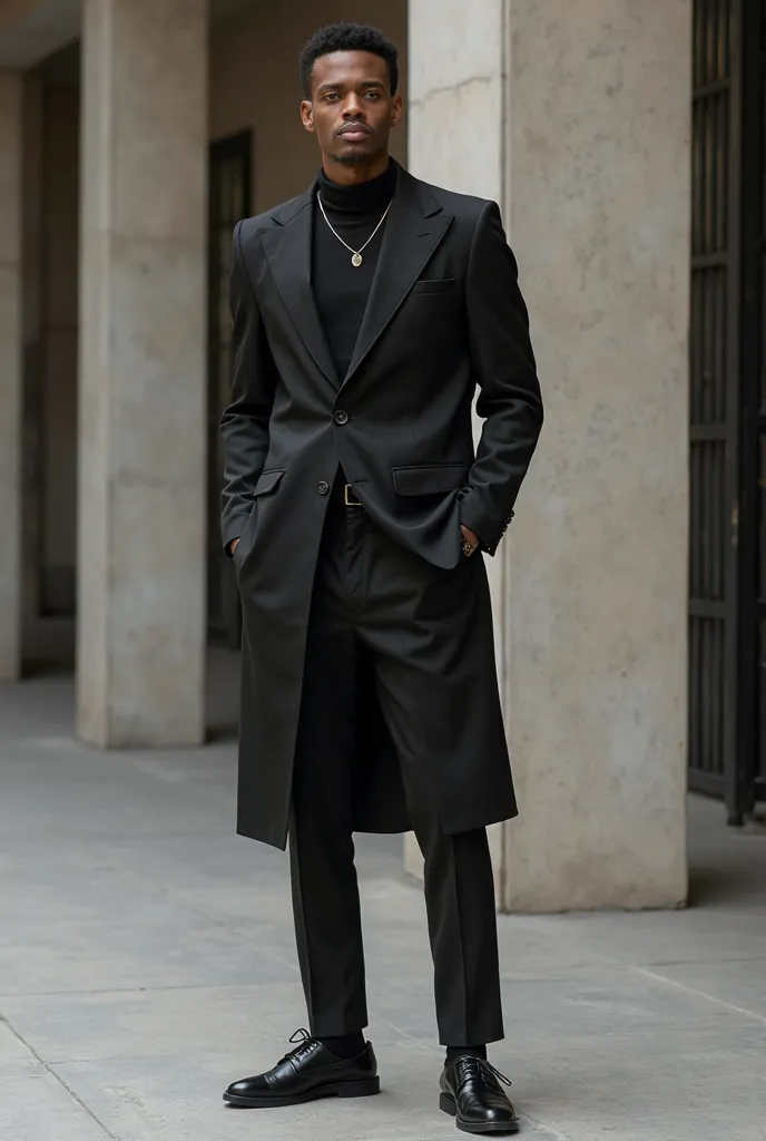 A creative black qamis jacket and pants style to be worn by a black man ,I want a simple and cool outfit ,