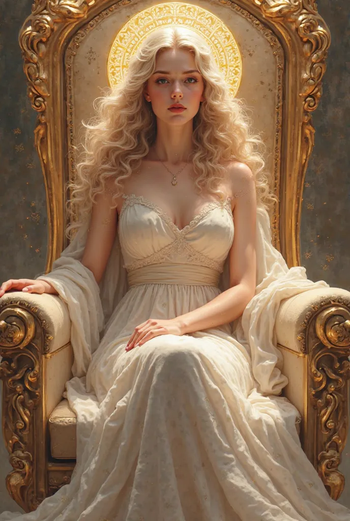 a goddess, smiling gently, sitting on a throne, curly hair 