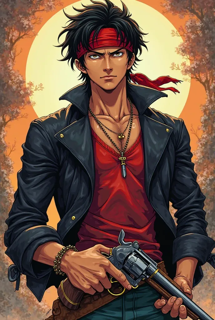 Young bronze skinned anime male with black hair and a red bandana on his forehead, wearing a black leather jacket and a red shirt holding a wooden flintlock in a One Piece art style. 