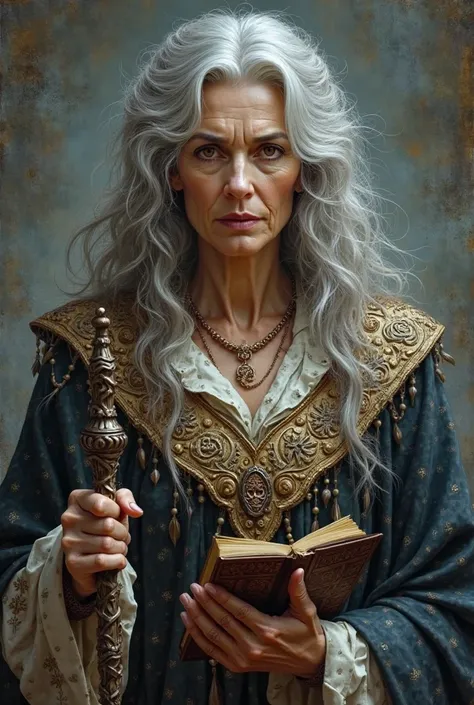 arafed woman in a witch costume holding a wand and a book, a character portrait by Arthur Pan, shutterstock, fantasy art, middle-aged witch, portrait of a witch, witch woman, granny weatherwax, spell casting wizard, beautiful female witch, sorceress woman,...