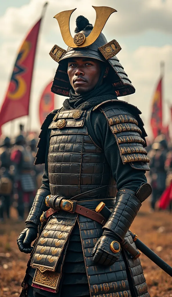 A bold, energetic style about African warrior, Yasuke, now a samurai, Action-driven, adventurous and visually appealing stands in a battle-ready pose wearing traditional black-lacquered samurai armor with intricate gold details. His katana is drawn, and he...