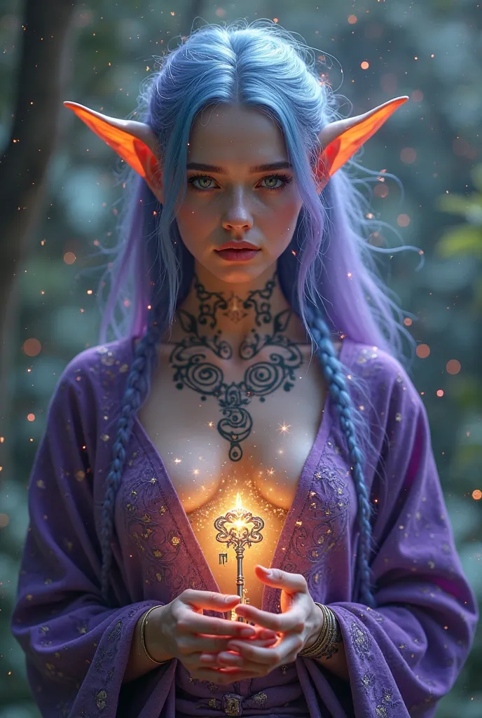 32-year-old Close-up of! ((( elf))) with a tattoo of spirals and stars, curling around her chest, covered in a purple robe with runes. Hair — the colors of space, and in her hands is the key, that opens the portal. The camera shoots it with the effect of s...