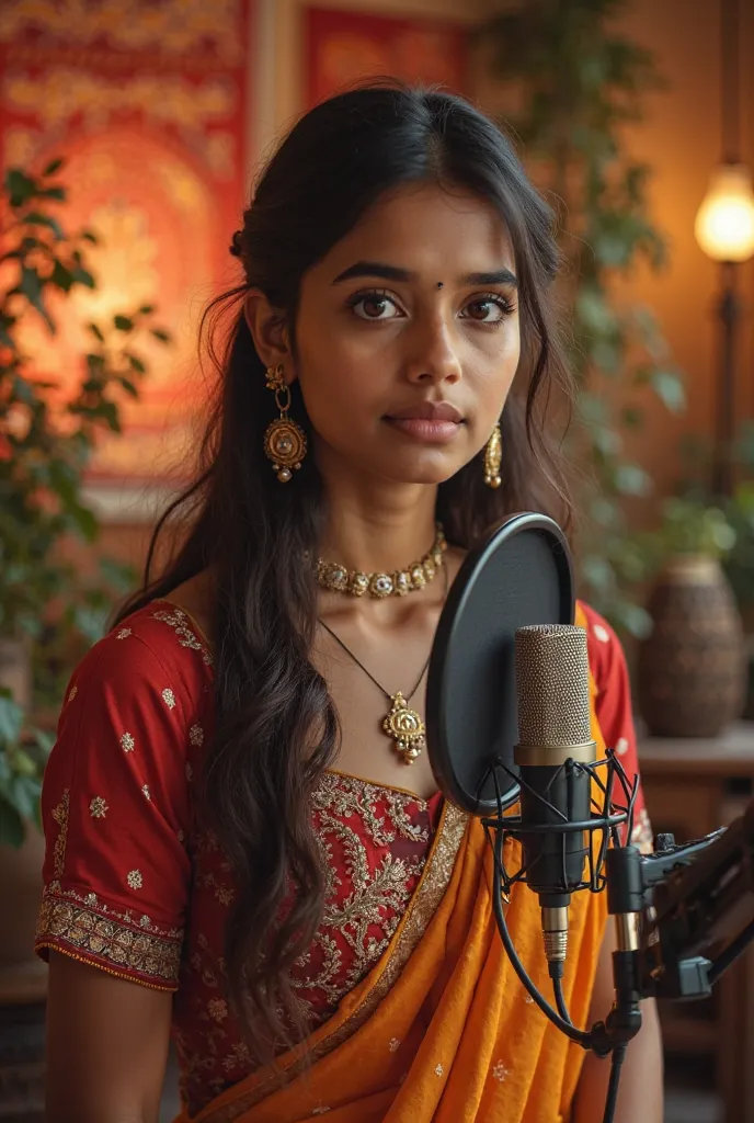 Indian girl with podcast 