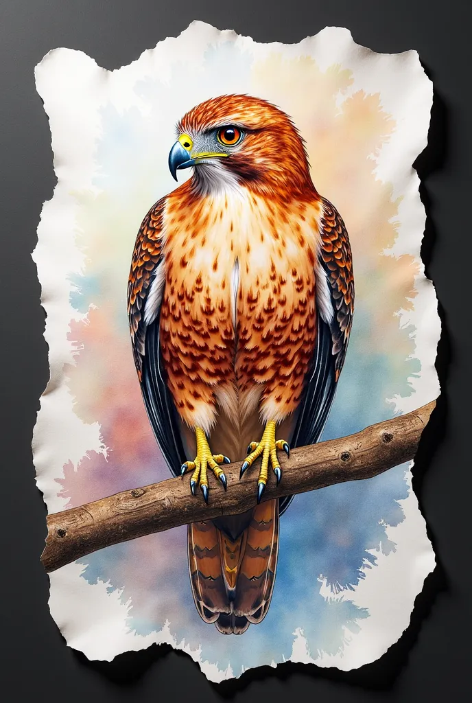 An art piece mounted on a jet black mat. The artwork is on a jagged piece of pulpy bleached white papyrus with a slight 3D cutout effect. It features a watercolor painting of a red tail hawk with perfect anatomical accuracy and true-to-life colors. The pai...