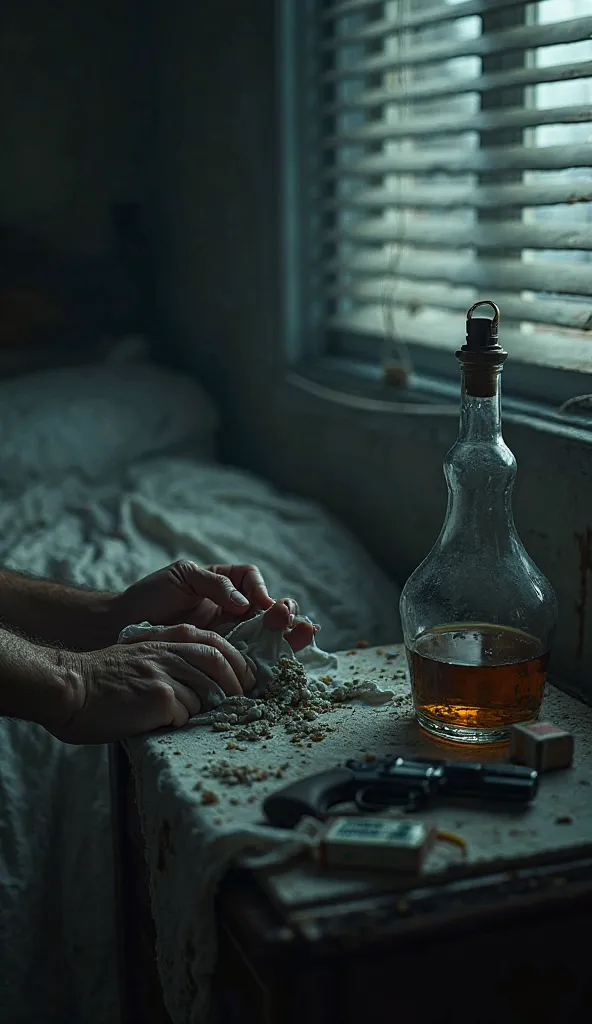 I see my hands pulling away a crumpled sheet. Dim light filters through broken blinds. On the nightstand, an old revolver, a pack of cigarettes, and a nearly empty bottle of whiskey.