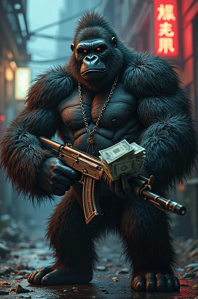 A gangster gorilla. With an AK 47 in one hand and money in the other