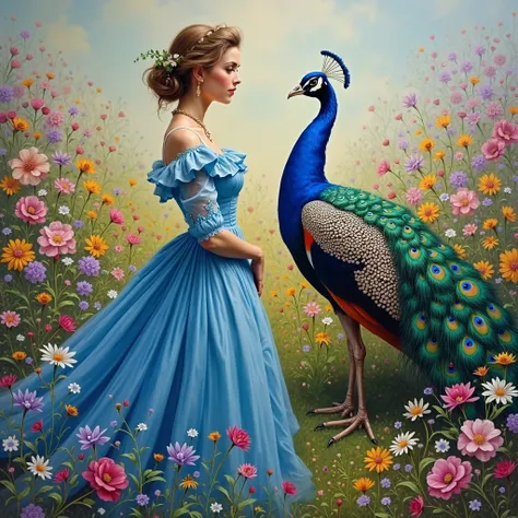 Oil painting of a Victorian era woman in a blue dress in a flower field with a peacock beside her, detailed, colorful painting, brushstrokes, precise