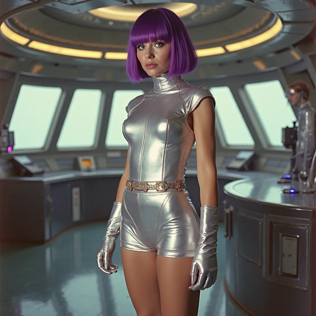 Full-length portrait of a young woman wearing a silver mini dress with a 1960s-style design featuring a space suit motif. She has shiny, bright purple short bobbed hair and a cute face with dark makeup. She wears a simple silver belt around her narrow wais...