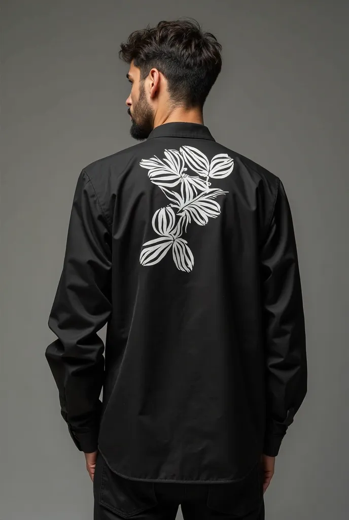 Create a black streetwer men's blouse with lots of minimalist white prints on the back 