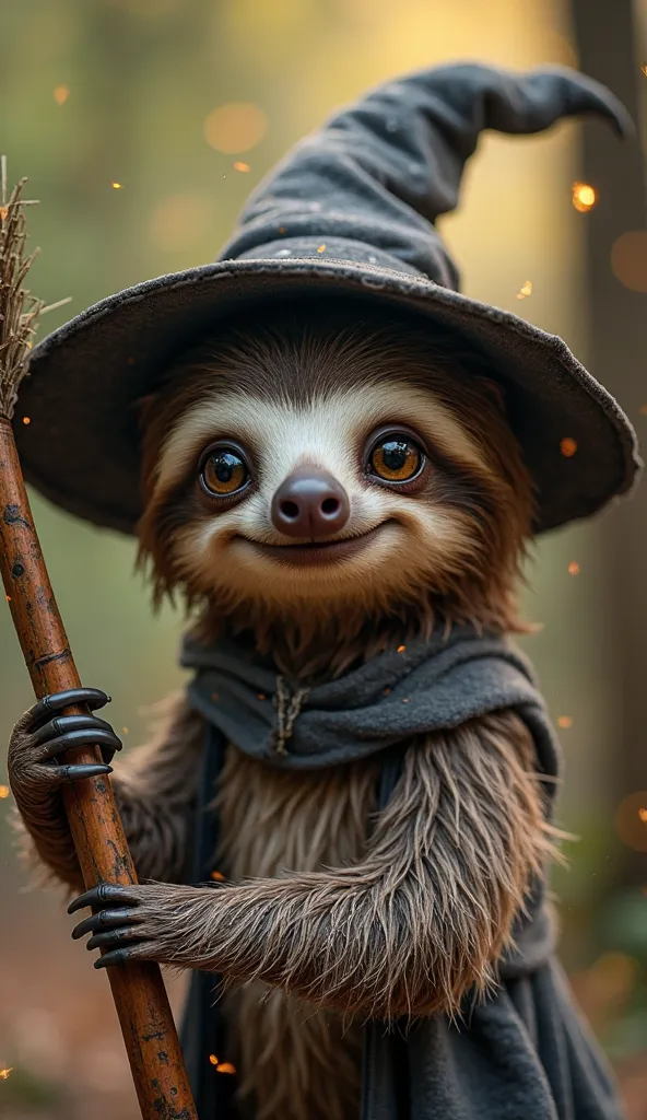 "A hyper-realistic close-up of an adorable anthropomorphic sloth dressed as a tiny woodland witch. The sloth has large, glossy brown eyes full of warmth and curiosity, a gentle smile, and finely detailed fur with individual strands visible. It wears a slig...