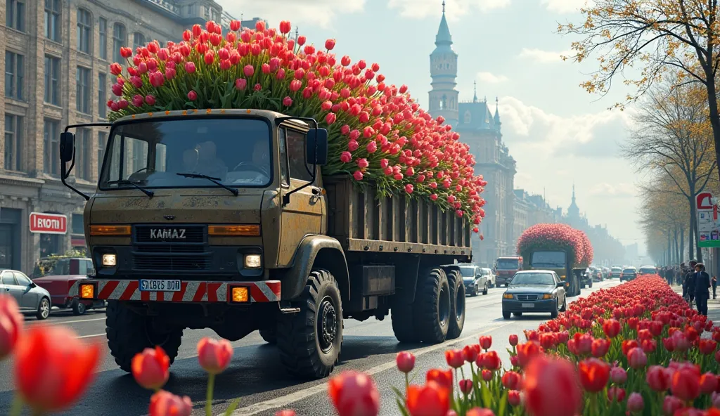 a huge Kamaz that is stuck in a huge traffic jam in Krasnodar because of which no one can pass in the back of which this Kamaz has an unreal number of tulips