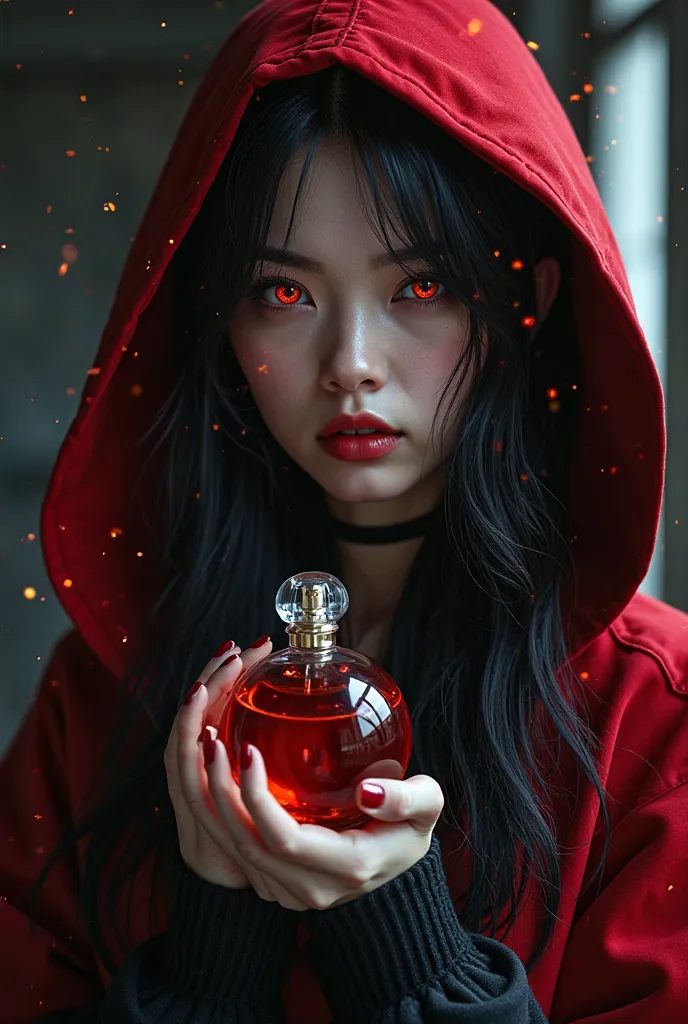 Girl with black hair ,red eyes , red black hoody ,circle her red black perfume 