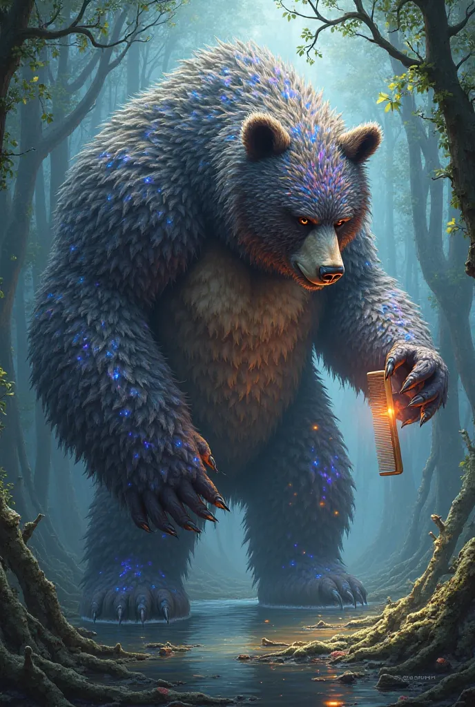 A huge cosmic magic bear with human features looks in surprise into the swamp with a comb in its paw