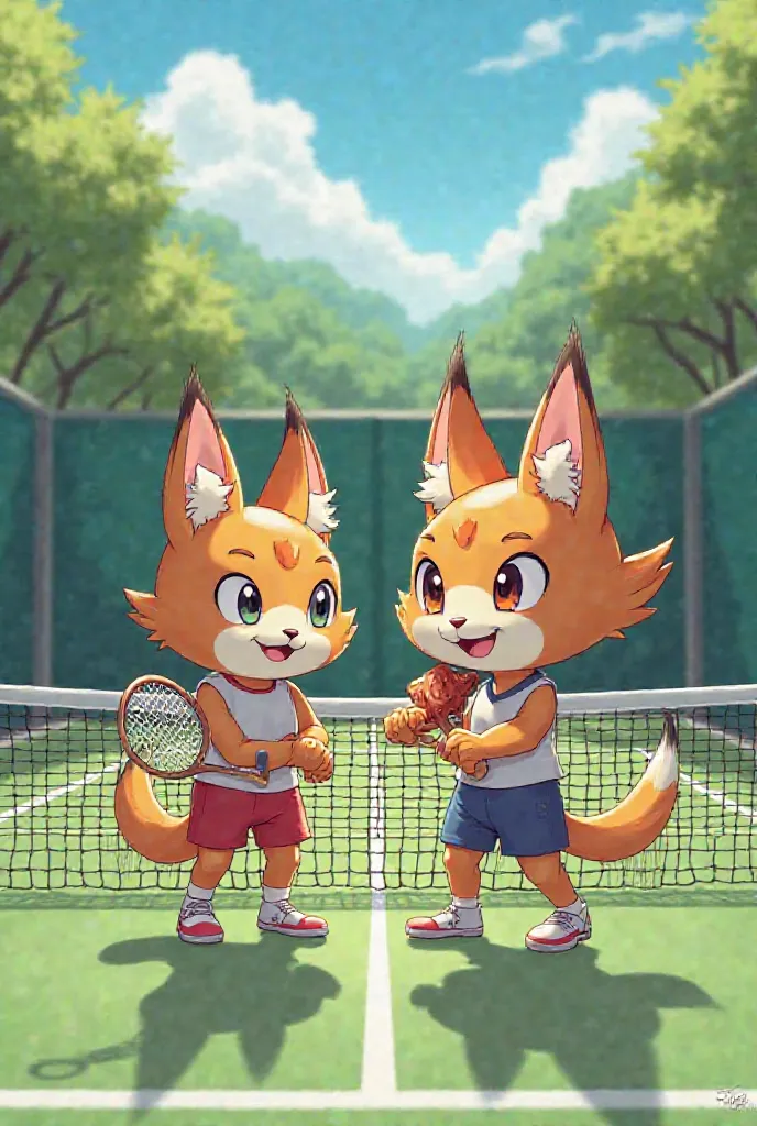 two cappinchos , A male and a female ,  playing a game of paddle tennis on a court as a team,  both dressed properly 