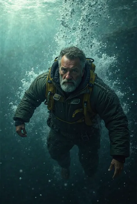 A middle-aged man, wearing a padded jacket, is deep underwater. He is trying to swim to the surface. Different angles.