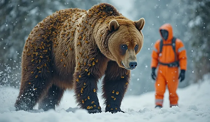 A large grizzly bear covered in millions of bees, realistic cinematic lighting, ultra-detailed 8K, extreme close-up, National Geographic documentary style, winter forest background, orange hazmat suit rescue worker standing nearby, dramatic atmosphere