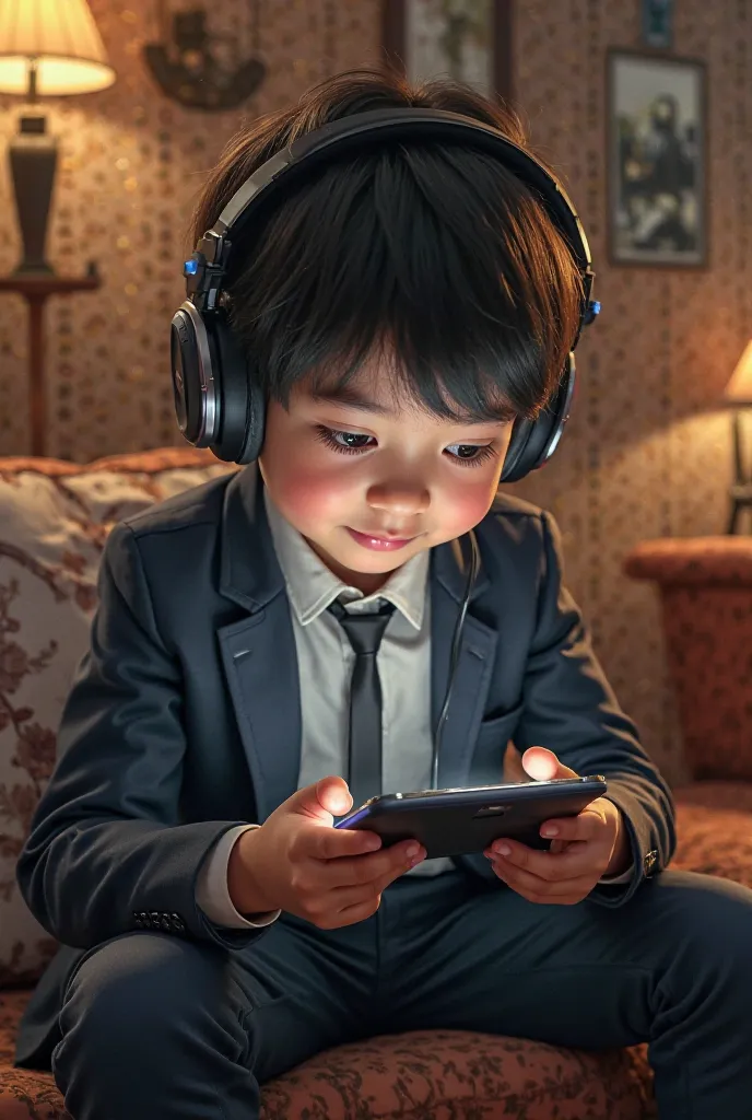 A s young boy wearing a headphones and suit which name is SHOBY and he is playing PUBG in mobile