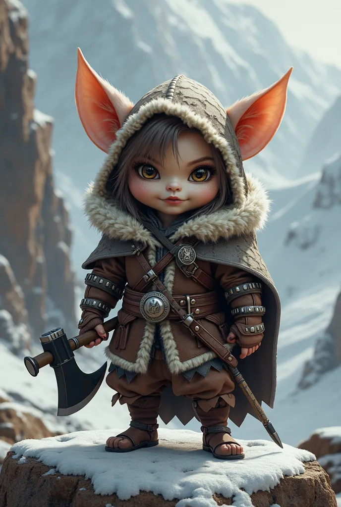 Grogu  mignon tenue viking classe assassin creed cape poilue loup noire avec une hache dessin animé 3d 