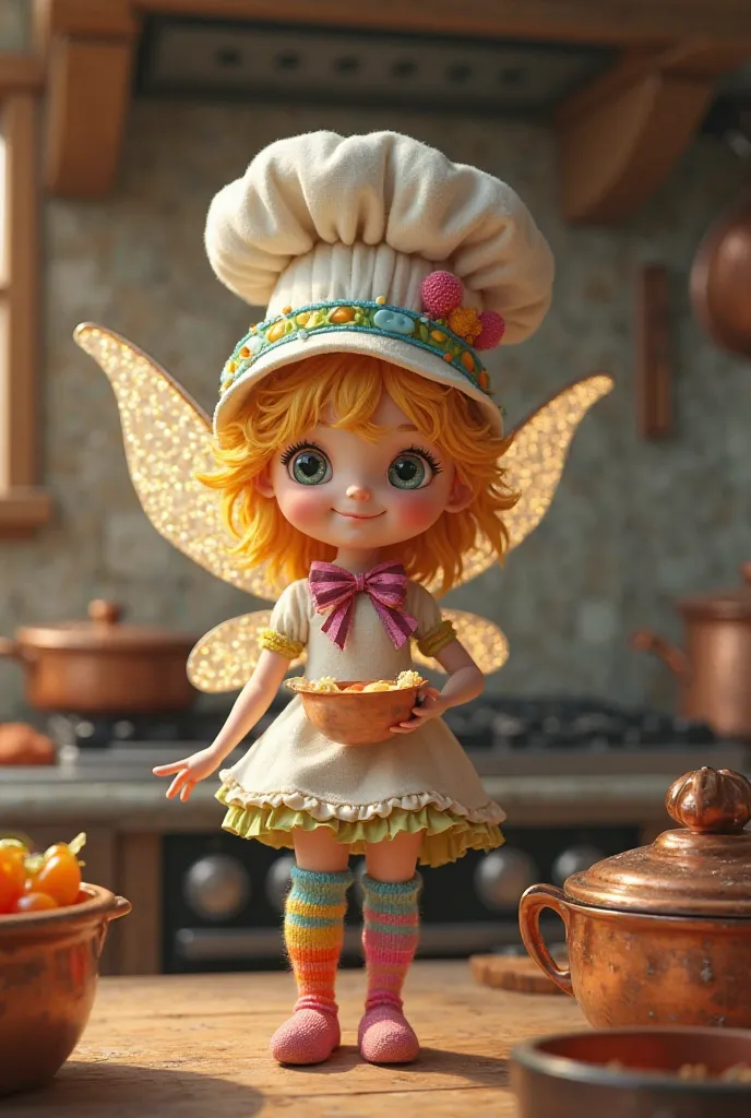 A charming kitchen fairy with chef's hat and extremely colorful socks 