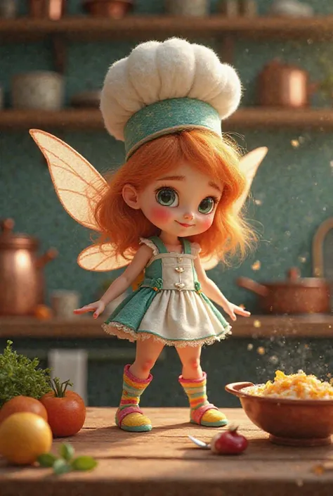 A charming kitchen fairy with chef's hat and extremely colorful socks 