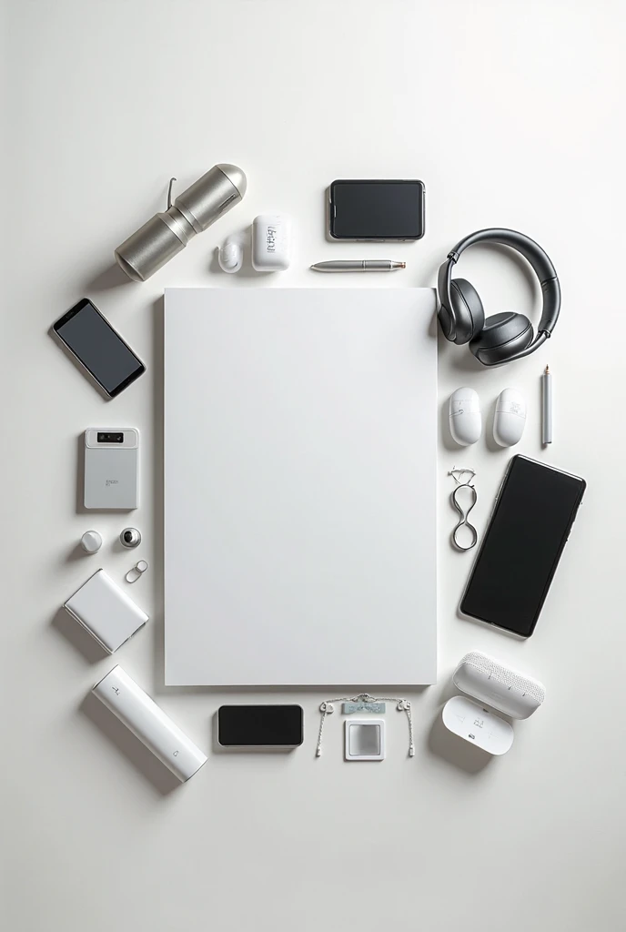 Make a white table that has on it varies products about tech and the photo taked from above