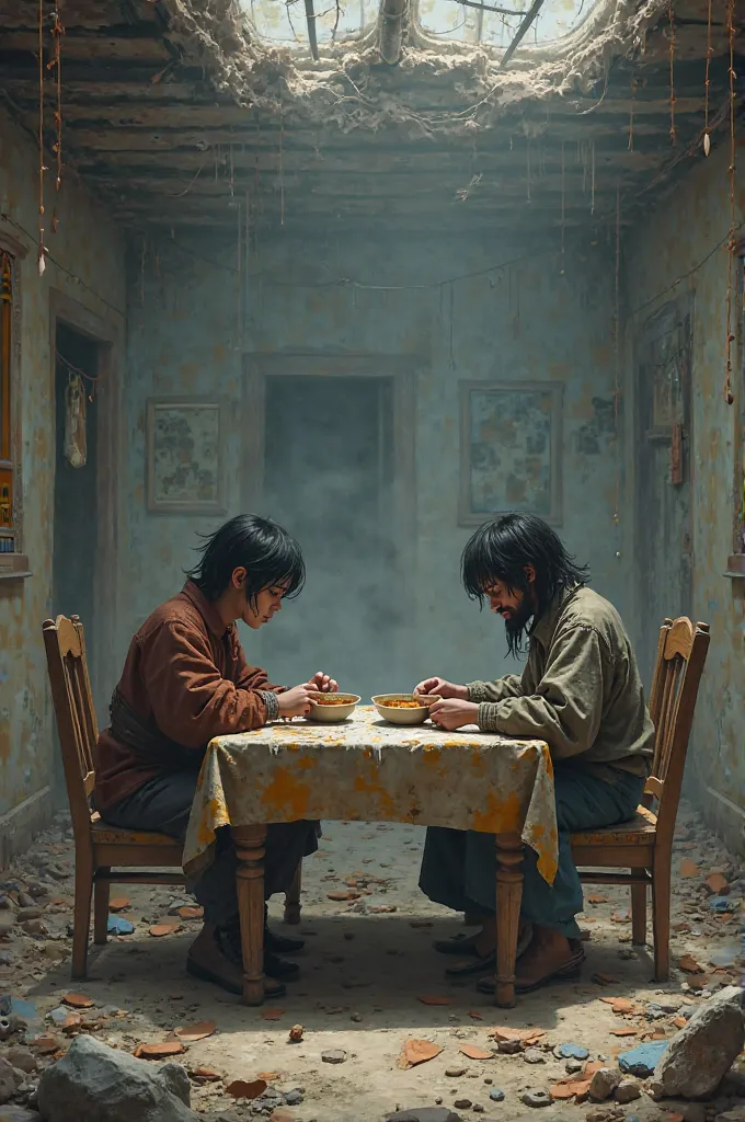 Two ren are sitting in a house destroyed by war eating soup at the table. A third plate is on the table, But the chair in front of it is empty.