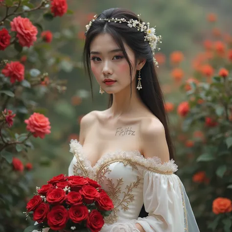 Create a realistic 8k Hd of beautiful korean. Bride wearing  brides gown , facing camera , long black casual hair , half body ,standing in the garden, holding a boquet of red roses , name FRITZ written on HER attire , mystical garden with flowers backgroun...