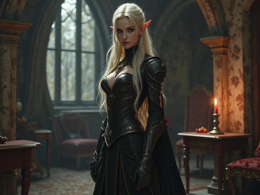 Fantasy Dark Elf Blonde with red eyes in a dark house